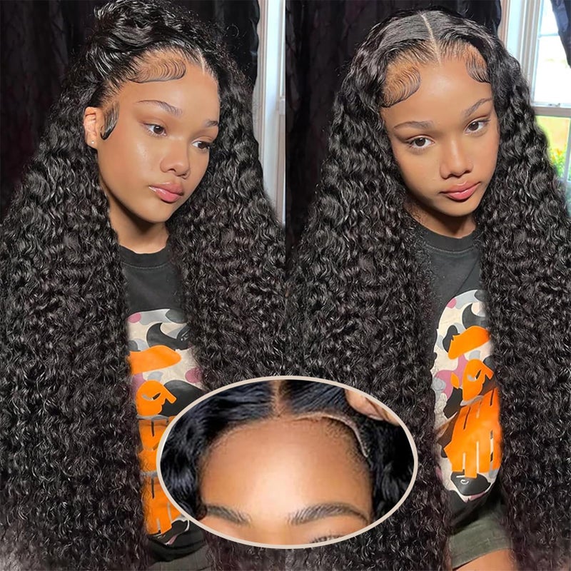 Wear and Go Glueless Wigs Human Hair Pre Plucked Pre Cut 5x5 HD Closure Wigs Human Hair Deep Wave Lace Front Wigs for Black Women 210 Dentisy 12A Deep Curly Glueless Wig Bleached Knots 24 Inch